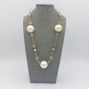 Necklace gold Toned Faux Jumbo Chunky Pearl Faceted Clear Resin Beads Ring Rope